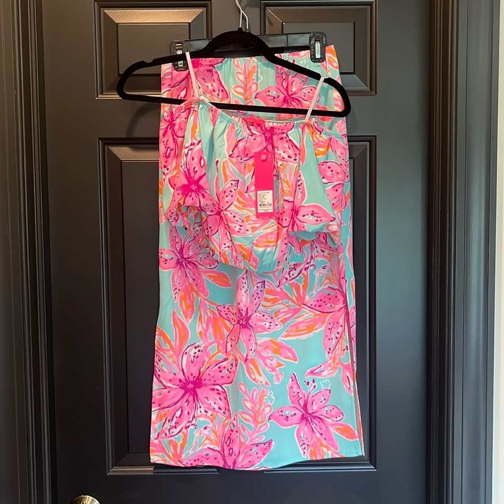 Lilly Pulitzer Esmeray Skirt and Crop Top Set in‎ Surf Blue Bonita Blooms